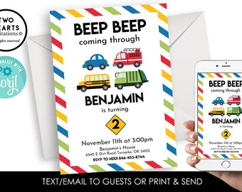 Editable Cars Invite Invitation Truck Automobiles Transportation 5x7 Boys Kids Birthday Digital Personalized Corjl