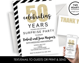 50e anniversaire de mariage Invite Invitation Surprise Gold Black Digital 5x7 Personnalisé Golden Glitter