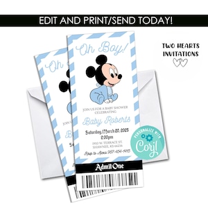 Puede incluir: Invitaciones para baby shower con Mickey Mouse con un body azul. Las invitaciones tienen un borde a rayas azul claro e incluyen el texto "Oh Boy!" y "Baby Roberts". Las invitaciones se combinan con sobres blancos.