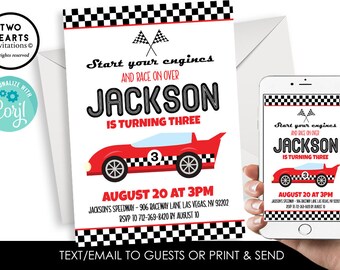 May include: A red and black race car birthday party invitation with a checkered flag border. The invitation says "Start your engines and race on over Jackson is turning three" and includes the date, time, and location of the party.