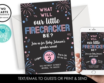 Editable Firecracker Gender Reveal Invitation Invite Digital 5X7 Chalkboard Party He or She 4TH JULY Fourth Pink Blue