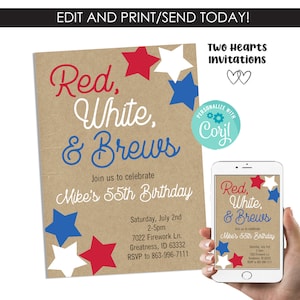 Editable Red White Brews Birthday Invitation Invite Digital 5x7 4th July Memorial Day Adult ANY AGE Patriotic USA Template