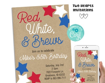 Editable Red White Brews Birthday Invitation Invite Digital 5x7 4th July Memorial Day Adult ANY AGE Patriotic USA Template