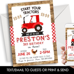 Editable Red Tractor Invitation Invite Digital Birthday Party Boys Farmer Farm ANY AGE 5x7 Corjl