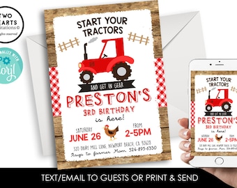 Editable Red Tractor Invitation Invite Digital Birthday Party Boys Farmer Farm ANY AGE 5x7 Corjl