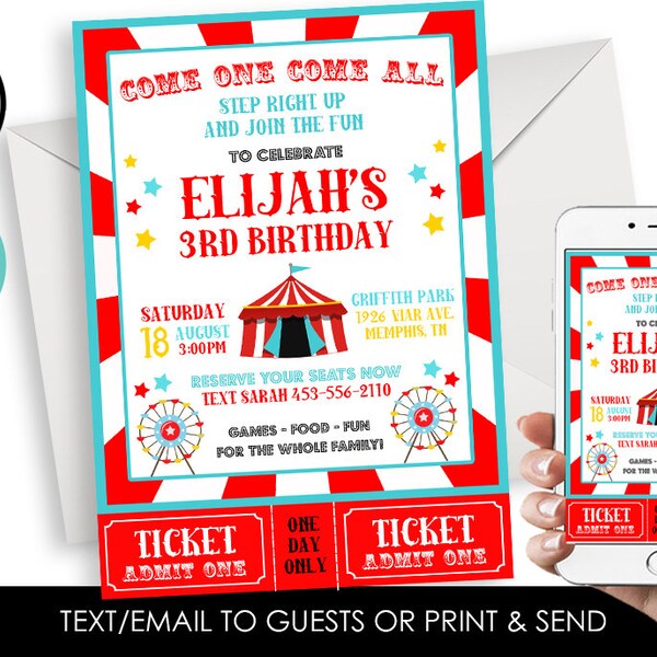 Editable Circus Birthday Invitation Invite Kids Carnival Digital Personalized 5x7 ANY AGE