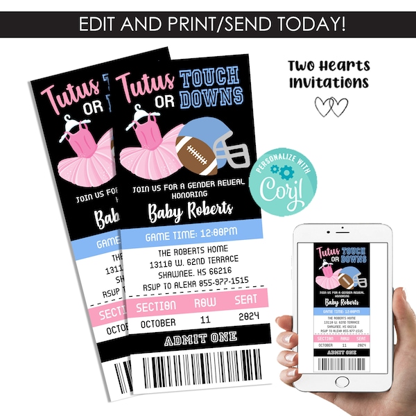 Editable Tutus Touchdown Gender Reveal Invitation Ticket Invite Digital 3x7 Football Template Instant Download