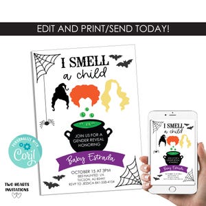 May include: A Halloween-themed gender reveal invitation featuring the text I SMELL a child, silhouettes of three hairstyles in black, orange, and yellow, a black cauldron with green bubbles, a purple banner, spiderwebs, and bats on a white background.