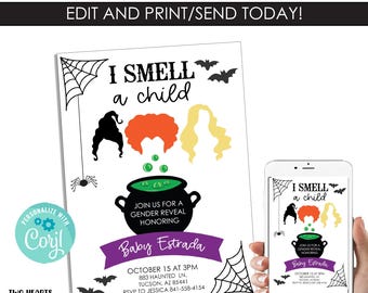 Hocus Gender Reveal Invite Invitation EDITABLE  Digital Pocus Halloween Party Shower 5x7 I smell a child