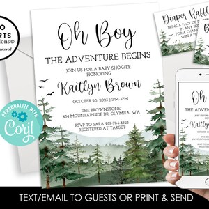 Op de afbeelding: Een babyshower-uitnodiging met een aquarel-bosachtergrond. De uitnodiging luidt "Oh Boy! The Adventure Begins" en bevat de naam "Kaitlyn Brown" en de datum "October 20, 2023".