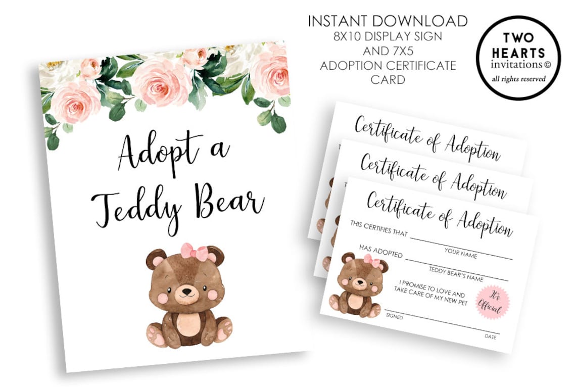 Teddy Bear Adoption Sign Digital 8x10 Certificate 7x5 Etsy