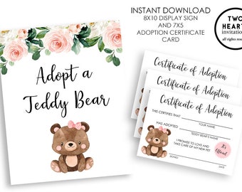Teddy Bear Adoption Sign Digital 8x10 Certificate 7x5 Watercolor Floral Beary Sweet Party Decor