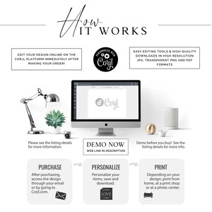 May include: A graphic showing how to use a digital design platform. The graphic shows a computer screen with a design editor, a purchase button, a personalize button, and a print button. The text on the graphic says "Edit your design online on the Corjl platform immediately after making your order!" and "Easy editing tools & high quality downloads in high resolution JPG, transparent PNG and PDF formats."