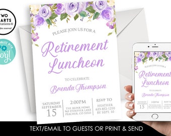 Déjeuner de retraite modifiable Inviter une invitation Numérique Purple Lavender Party 5x7 Aquarelle Fleurs Florales