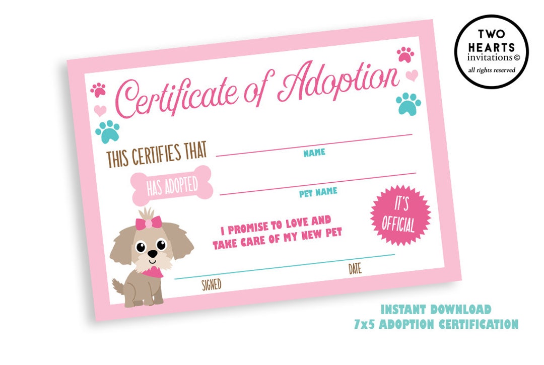 Puppy Adoption Certificate Dog Digital 7x5 Birthday Party Sign Instant