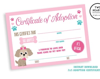 Puppy Adoption Certificate Dog Digital 7x5 Birthday Party Sign Instant Download Kids Girls Pink Printable