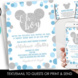 Editable Mickey Mouse Inspired Boy Baby Shower Invitation Invite Personalized Digital 5x7 Sprinkle Blue Silver Glitter Set Bundle