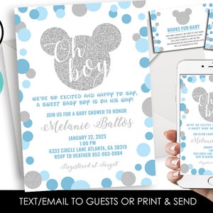 Editable Mickey Mouse Inspired Boy Baby Shower Invitation Invite Personalized Digital 5x7 Sprinkle Blue Silver Glitter Set Bundle