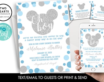 Editable Mickey Mouse Inspired Boy Baby Shower Invitation Invite Personalized Digital 5x7 Sprinkle Blue Silver Glitter Set Bundle