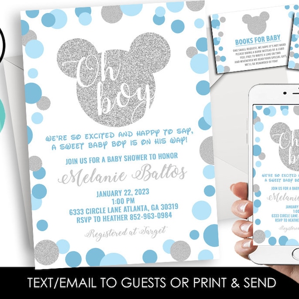 Editable Mickey Mouse Inspired Boy Baby Shower Invitation Invite Personalized Digital 5x7 Sprinkle Blue Silver Glitter Set Bundle