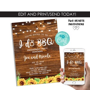 Editable I DO BBQ Sunflowers Invitations Invites Engagement Country Rustic Template Wood Backyard Couples Shower Digital 5x7