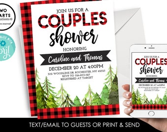 Editable Winter Couples Shower Invitation Invite Digital 5x7 Lumberjack Plaid Watercolor Pine Bridal Wedding