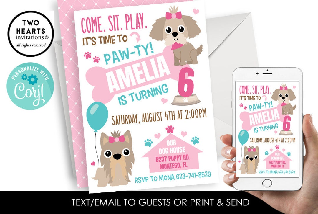 Editable Puppy Birthday Invitation Invite Dog Doggy Girl Digital 5x7 ...