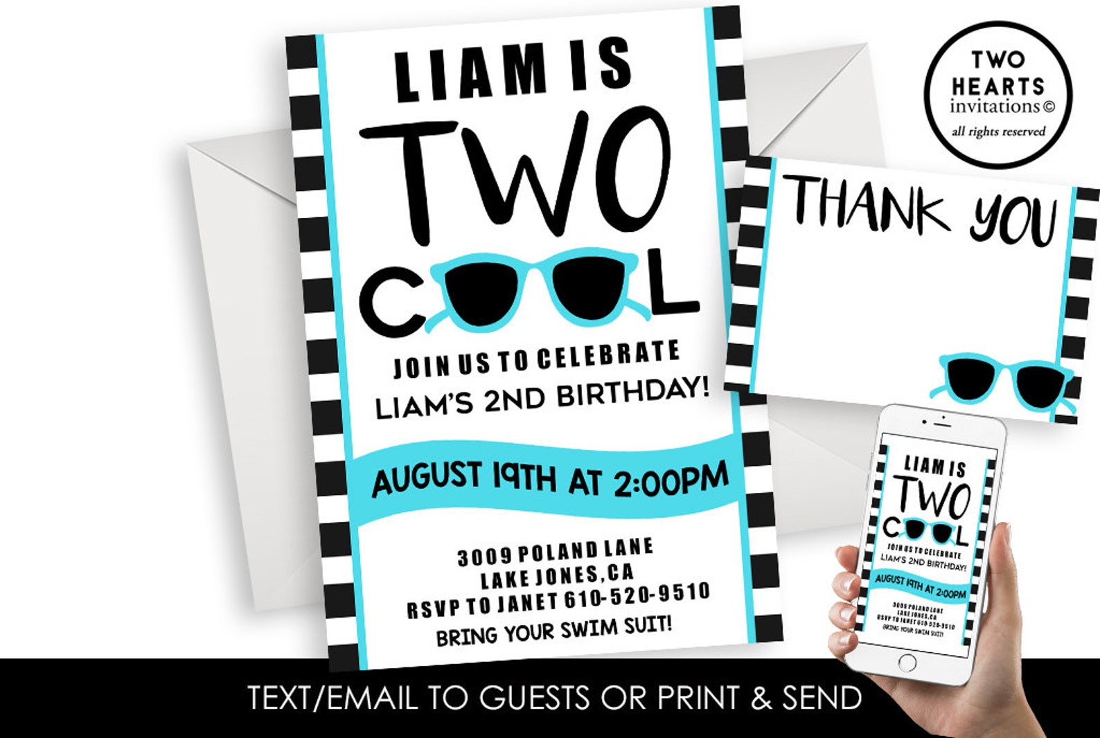 Two Cool Invite Invitation Digital Sunglasses Birthday Blue Etsy