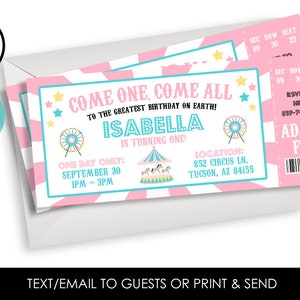 Editable Carnival Ticket Birthday Invitation Circus Invite Digital 7x3 ANY AGE Pink Girls Kids