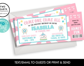 Editable Carnival Ticket Birthday Invitation Circus Invite Digital 7x3 ANY AGE Pink Girls Kids