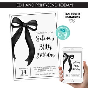 Editable Black Bow Birthday Invitation Elegant 30th Coquette Birthday Invite Watercolor Black Ribbon Invite Any Age Template