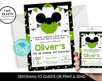 Editable Halloween Mickey Birthday Invite Invitation 1st First ANY AGE Digital 5x7 Frankenstein Green Black 5x7 Instant Download
