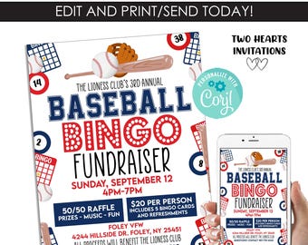 Editable Baseball Bingo Template Fundraiser Invitation Flyer 8.5x11 Digital Invite Instant Download