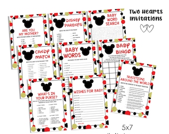 Mickey Baby Shower Games Printable Bundle Set Digital 5x7 Instant Download Red Black Polka Sprinkle