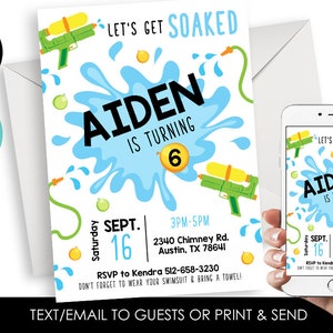 Editable Water Fun Invitation Invite Pool Party Birthday Digital Personalized Boys 5x7 Splash Watergun