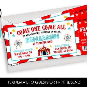 Editable Carnival Birthday Invitation Ticket Style Circus Invite Party Style Digital 7x3 Kids ANY AGE
