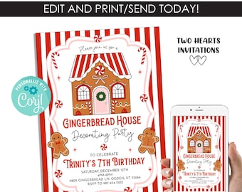 Editable Gingerbread Party Invitation Birthday Invite Red Kids Holiday Christmas Digital 5x7 Instant Download Decorating Party