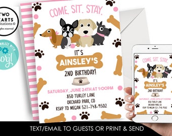 Editable Puppy Birthday Invitation Invite Puppy Doggy Girl Digital 5x7 Party Pawty Pet Animals Pink ANY AGE Instant Download