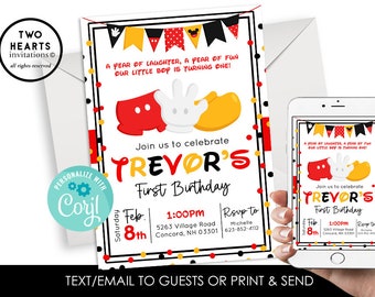 Editable Mickey Inspired First Birthday Invitation Mouse Invite ANY AGE 5X7 Cheers Ears Boy Girl 5x7 Digital Instant Download Template