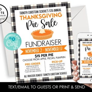 Editable Thanksgiving Pie Sale Fundraiser Flyer Digital 8.5x11 Template Instant Download Plaid Fall Invite Announcement Invitation