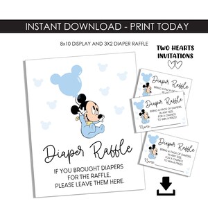 Mickey Mouse Diaper Raffle Sign Printable 8x10 Blue Boy Baby Shower Cards Instant Download Digital