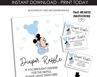 Mickey Mouse Diaper Raffle Sign Printable 8x10 Blue Boy Baby Shower Cards Instant Download Digital