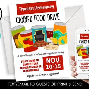 Editable Canned Food Drive Flyer Digital Event Announcement Fundraiser School Community Neighborhood