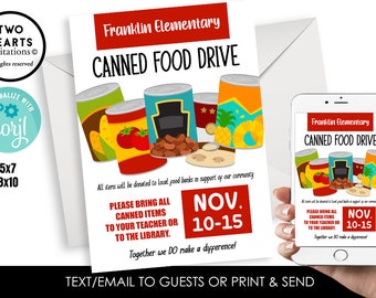 Editable Canned Food Drive Flyer Digital Event Announcement Fundraiser School Community Neighborhood