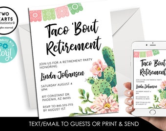 Editable Taco Bout Retirement Invitation Invite Women Digital 5x7 Watercolor Party Luncheon Fiesta Corjl