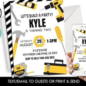 Editable Tools Invitation Invite Builder Fix It Construction Birthday Digital 5x7 Boys ANY AGE Yellow Black White Kids