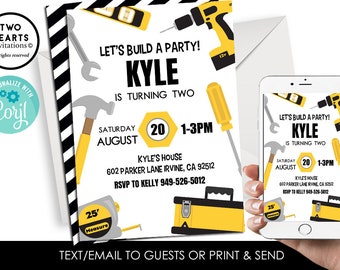 Editable Tools Invitation Invite Builder Fix It Construction Birthday Digital 5x7 Boys ANY AGE Yellow Black White Kids