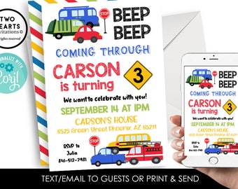 May include: A colorful birthday invitation for a boy turning three. The invitation features a red, yellow, and blue striped background with a cartoon car theme. The text reads "Beep Beep Coming Through Carson is turning 3 We want to celebrate with you! September 14 at 1 PM Carson's House 8525 Green Street Phoenix, AZ 85211 RSVP to Julia 841-512-7981 Text/Email to Guests or Print & Send".
