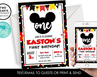 Editable Mickey Mouse 1st Birthday Invitation Invite ONE 5x7 Digital Red Yellow Confetti Polka Dots Kids Party 1st Text or Print