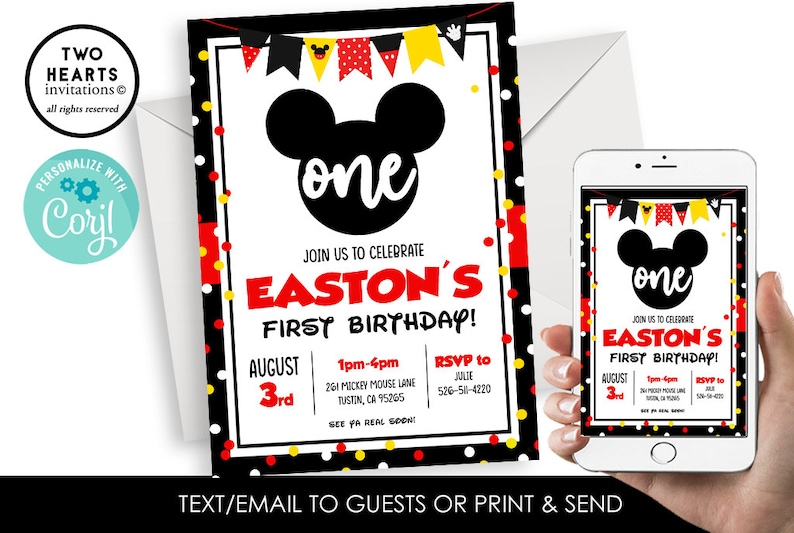 Editable Mickey First Birthday Invitation Invite Mouse 5x7 Digital Red Yellow Confetti Polka Dots Kids Party 1st Text or Print 